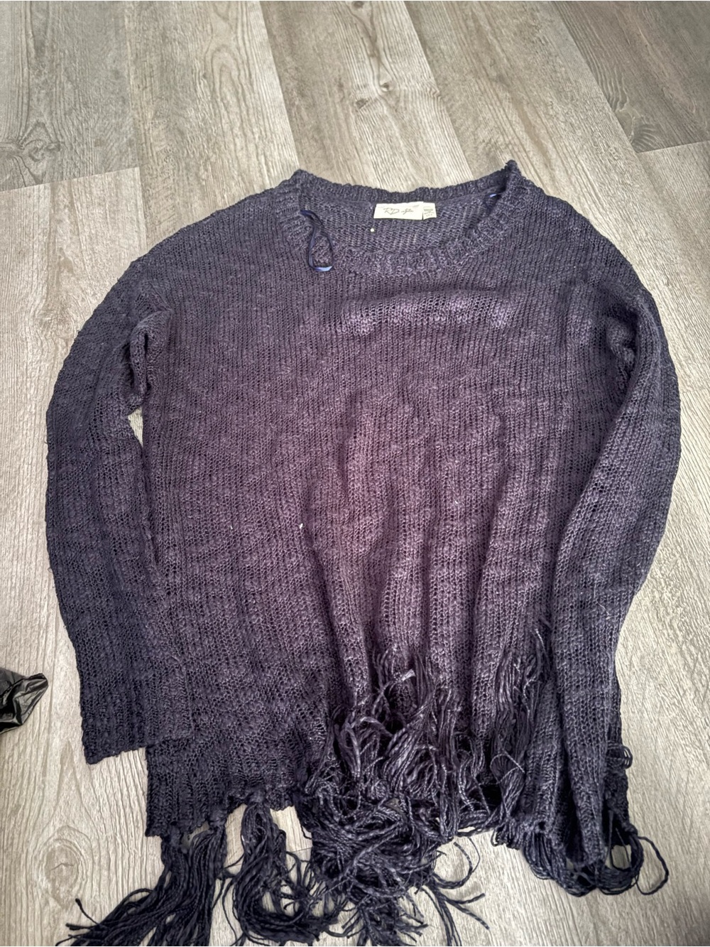 RD Style Black Distressed Fringe Crew Neck Sweater